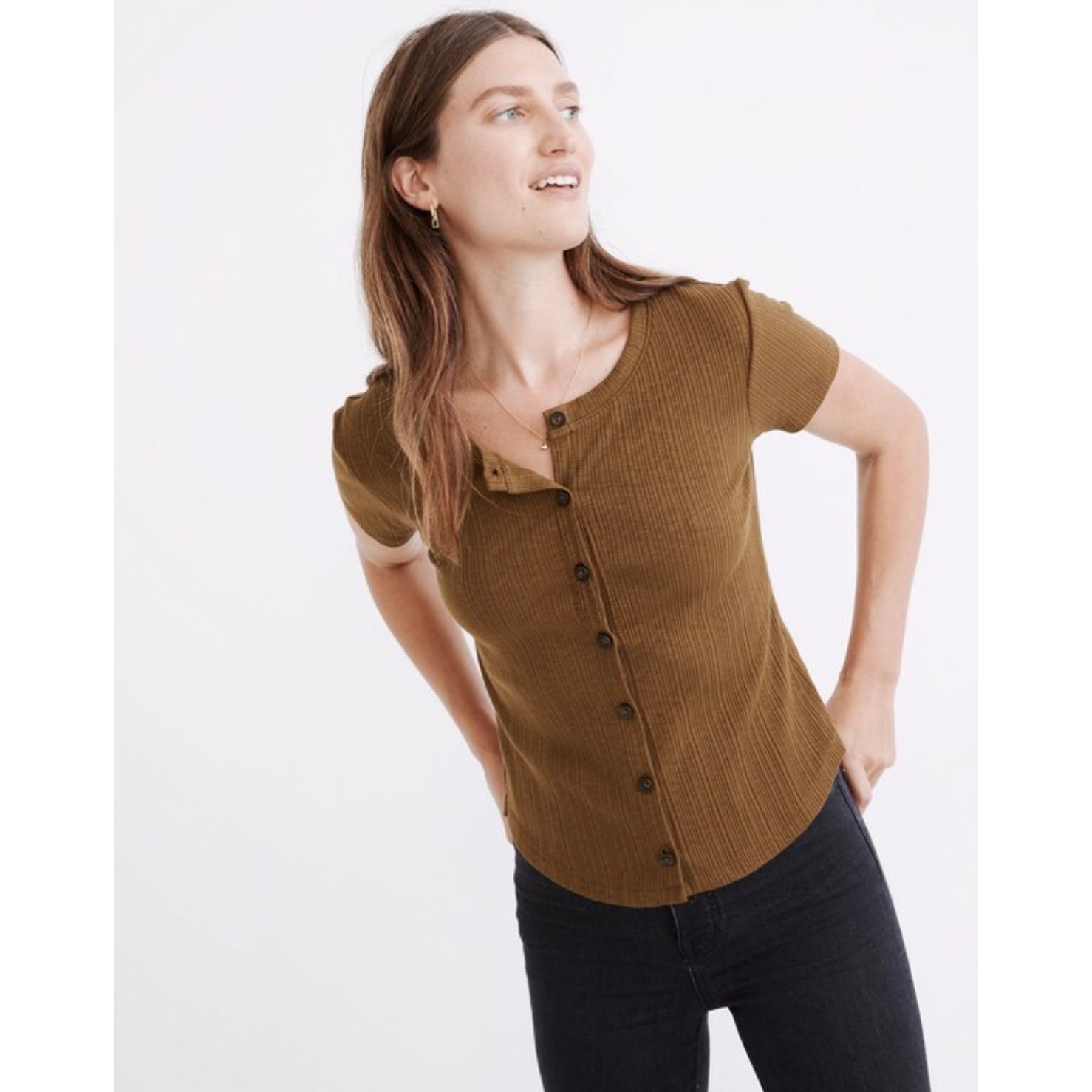 Madewell Pointelle Button Front Slim Cropped T-Shirt In Olive Color | Xs